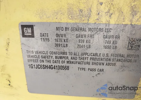 2016 Chevrolet Sonic Lt Auto из США, поврежденный, VIN 1G1JC6SH4G4130568